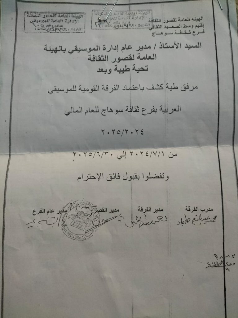 كشف باعتماد الفرقة القومية للموسيقى العربية بسوهاج للعام المالي 2024 2025 2