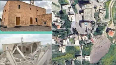 كنيسة دردغيا في لبنان قبل وبعد التدمير.. الصورة بواسطة القمر الصناعي